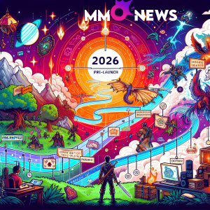 Design a vibrant digital illustration for an article related to an anticipated online game re-release. The image should visualize a timeline stretched across the artwork, indicating significant milestones leading to the release date in 2026. Also, integrate elements that symbolize pre-launch preparation or a 'pre-patch guide'. Highlight an old-school gaming atmosphere and include fantasy-themed elements to symbolize the game's genre. Avoid any direct references to named game characters or copyrighted symbols.